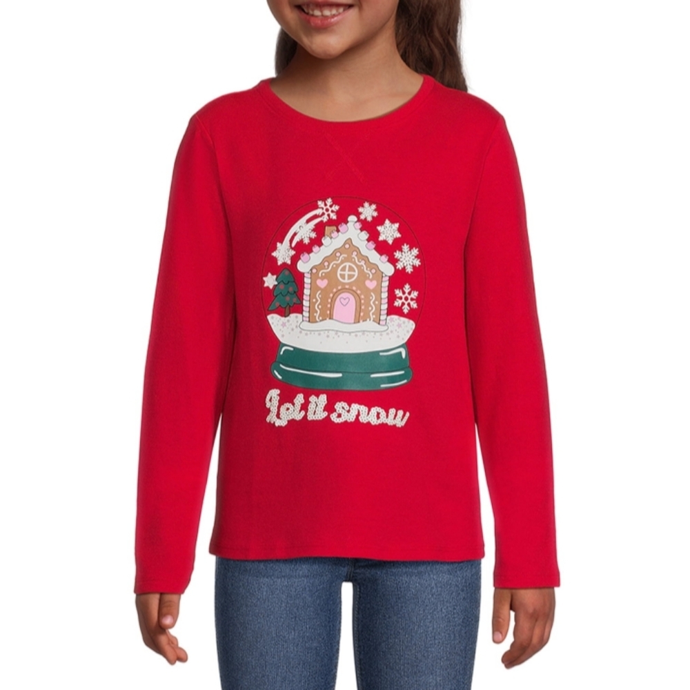 Girl’s Long Sleeve Embellished T-shirt Red Let It Snow Wonder Nation NWT